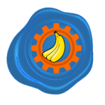 light blue wax seal with orange cog and a yellow bunch of bananas